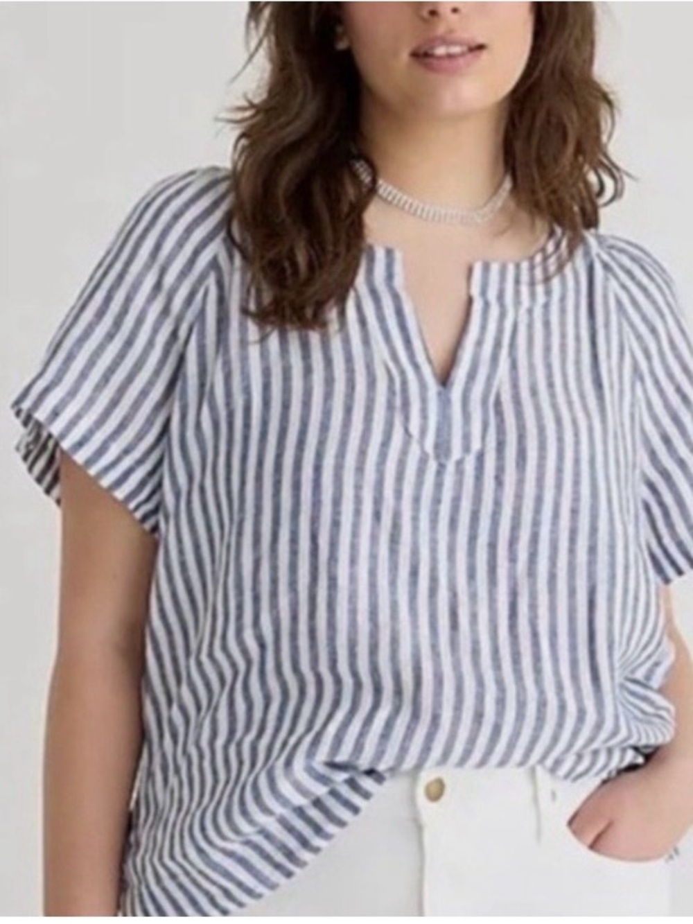 J. Crew Navy and White Striped Linen-Blend Short Sleeve Top